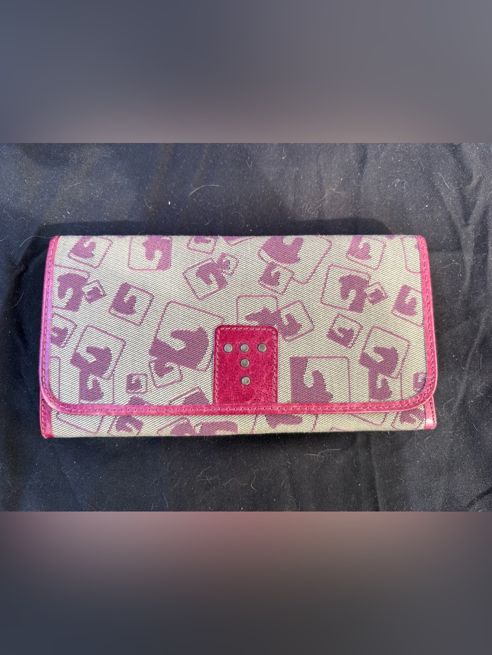 Pink Patterned Leather and Canvas Long Wallet -